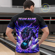 Load image into Gallery viewer, Man wearing a black bowling shirt with a colorful tiger design and 'TEAM NAME' text in a bowling alley.