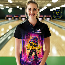 Load image into Gallery viewer, Women’s neon synthwave rocker bowling polo shirt, front view on female model in bowling lane 