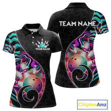 Load image into Gallery viewer, Women’s turquoise neon wave strike bowling shirt with custom name, front view polo design on white background
