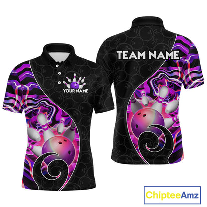 Men’s purple neon wave strike bowling shirt with custom name, front view polo design on white background
