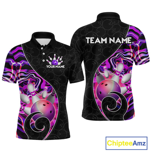 Men’s purple neon wave strike bowling shirt with custom name, front view polo design on white background