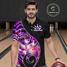 Load image into Gallery viewer, Men’s purple neon wave bowling polo shirt, front view on male model in bowling lane 