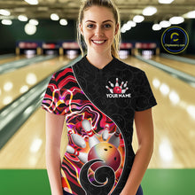 Load image into Gallery viewer, Women’s red neon wave bowling quarter zip shirt, front view on female model in bowling lane