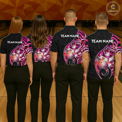 Group of bowlers in pink neon wave team shirts, personalized bowling uniforms back view
