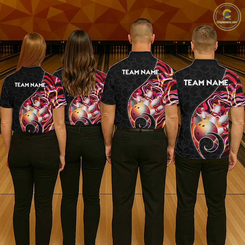 Group of bowlers in red neon wave team shirts, personalized bowling uniforms back view