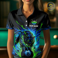 Load image into Gallery viewer, Person wearing a black polo shirt with a blue and green panther design and 'Your Name' text, pool table in the background.