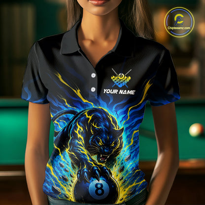 Person wearing a black polo shirt with a blue panther design and 'Your Name' text, pool table in the background