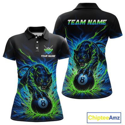 Black polo shirt with a panther holding a black eight-ball design, customizable text on front and back, Chiptee Amz branding.