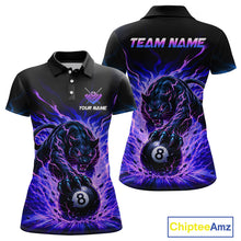 Load image into Gallery viewer, Black and purple polo shirt with panther and number 8 design, customizable text on a white background.