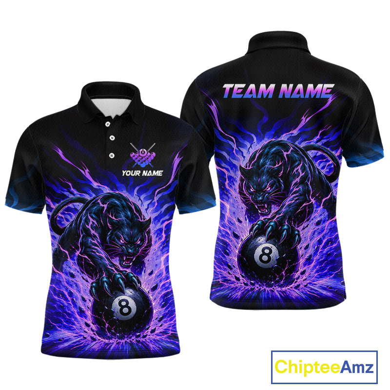 Black polo shirt with a panther and 8-ball design on a white background, featuring 'Chiptee Amz' branding.