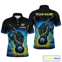 Load image into Gallery viewer, Black polo shirt with a panther holding an 8-ball design, featuring 'Team Name' and 'Your Name' text on a white background.