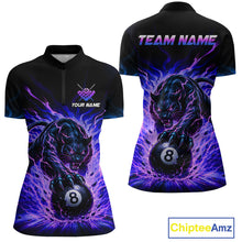 Load image into Gallery viewer, Black panther holding a pool ball with 'Team Name' and 'Your Name' text on a black shirt with purple flames.