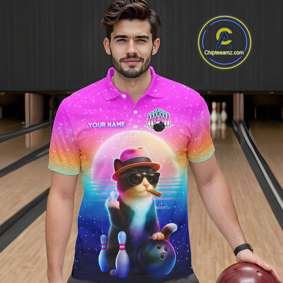 Custom Funny Cat Bowling Shirt for Men Retro Wave Bowling Team Jersey Polo & 1/4 Zip HNT200