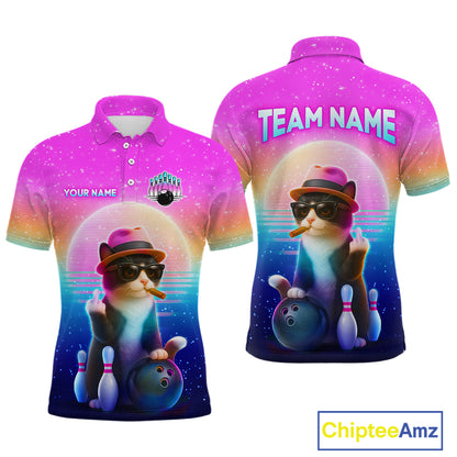 Custom Funny Cat Bowling Shirt for Men Retro Wave Bowling Team Jersey Polo & 1/4 Zip HNT200