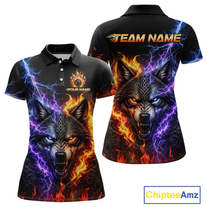 Custom fire lightning wolf bowling jersey for women, personalized team bowling polo shirt front view and back view 