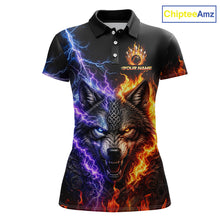 Load image into Gallery viewer, Custom fire lightning wolf bowling jersey for women, personalized team bowling polo shirt front view