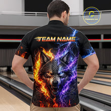 Load image into Gallery viewer, Men’s fire lightning wolf bowling quarter zip shirt, back view on male model in bowling lane 