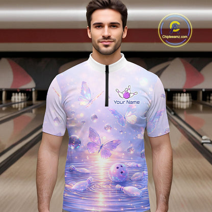 Custom Butterfly Pastel Purple Bowling Shirts For Men, Bowling Team Shirt With Butterflies HNT278