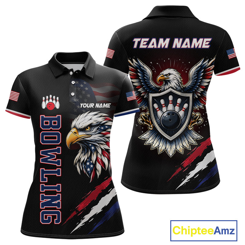 Bowling-themed polo shirt with eagle design and customizable text on a white background