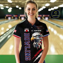 Load image into Gallery viewer, Woman wearing a personalized bowling shirt with an eagle design in a bowling alley.