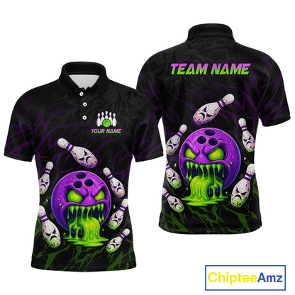 Black bowling-themed polo shirt with colorful design on front and back, featuring 'Team Name' text.