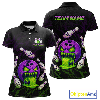Black polo shirt with colorful bowling design and 'Team Name' text on a white background