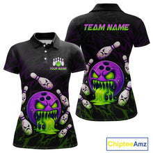 Load image into Gallery viewer, Black polo shirt with colorful bowling design and 'Team Name' text on a white background