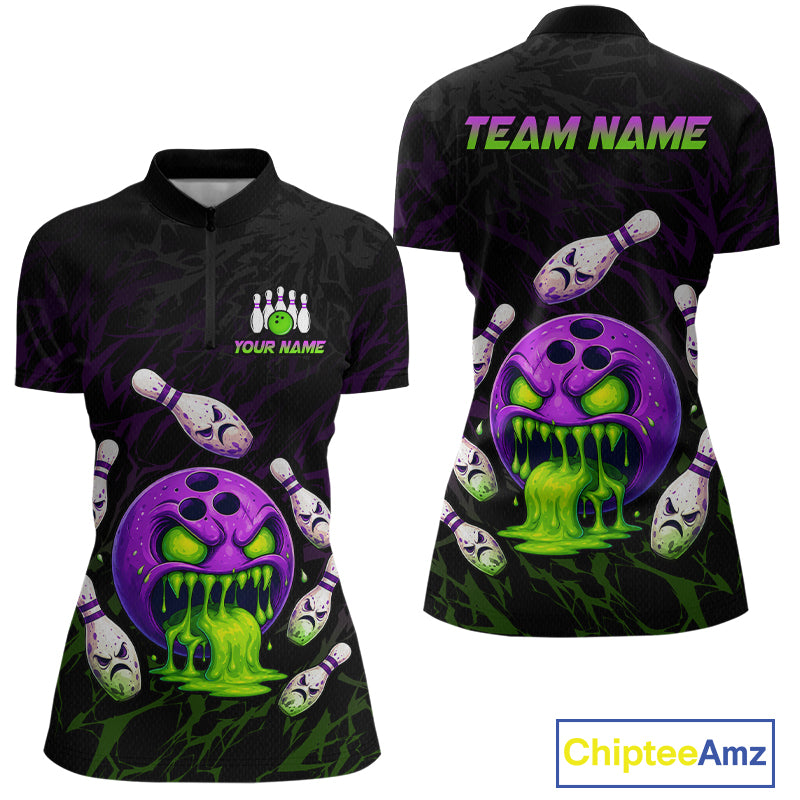 Black bowling jersey with colorful design and text space on a white background