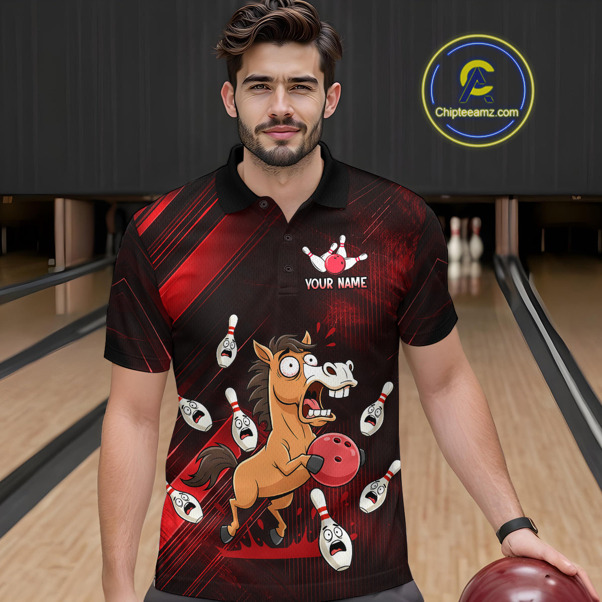 Custom Red Funny Horse Bowling Jersey for Men Bowling Team Shirts Bowling Tournament HNT184