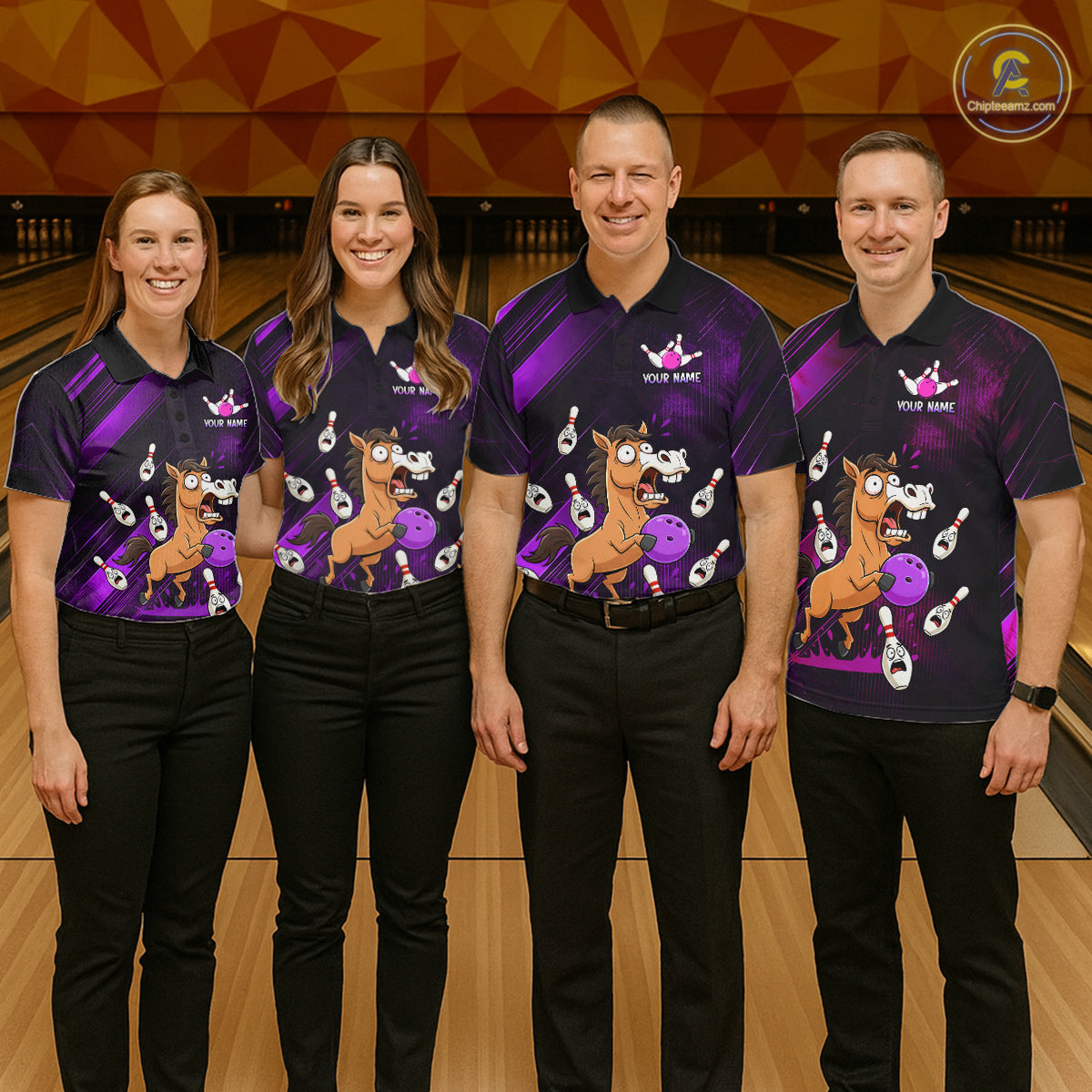 Custom Purple Funny Horse Bowling Jersey for Men Bowling Team Shirts Bowling Tournament HNT184