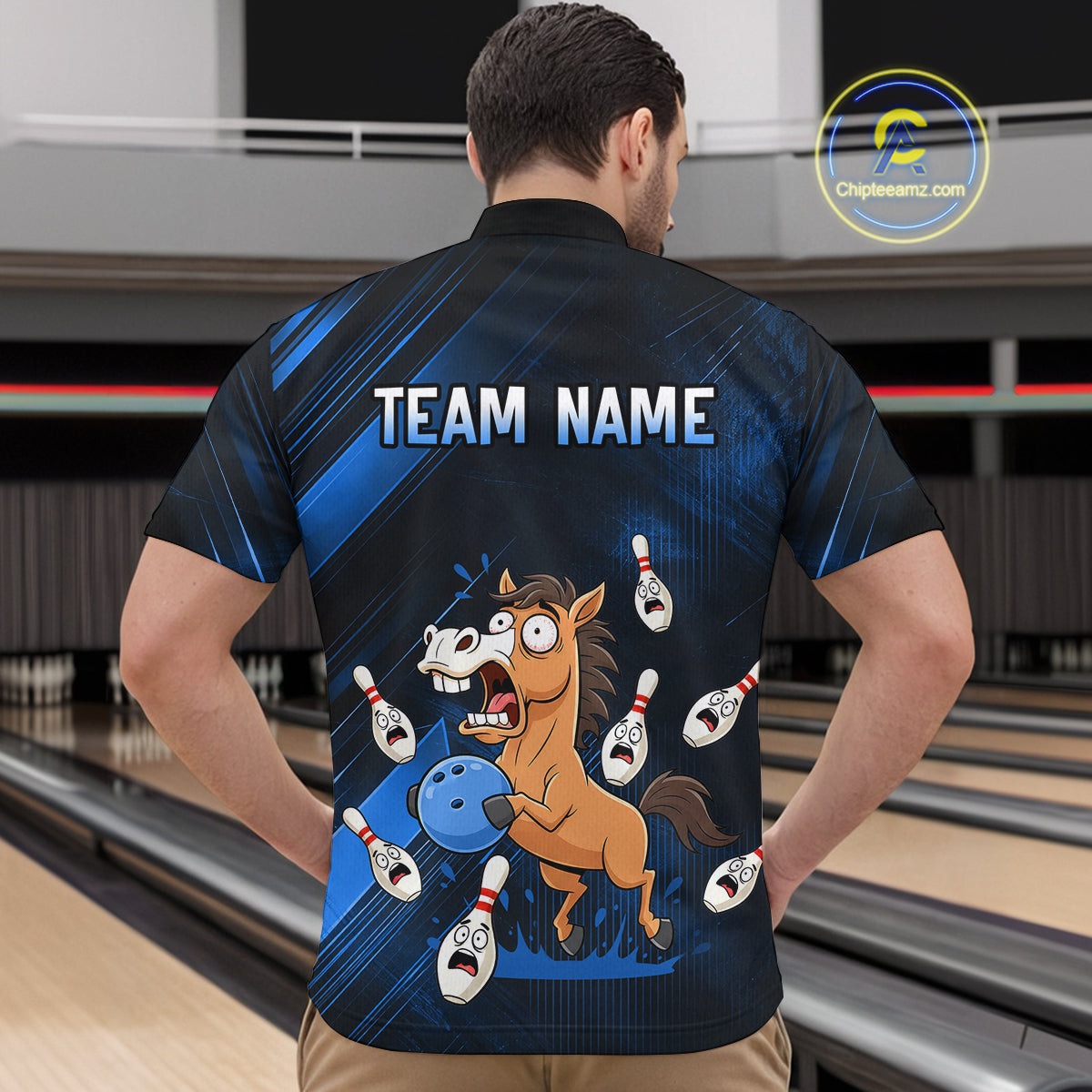 Custom Blue Funny Horse Bowling Jersey for Men Bowling Team Shirts Bowling Tournament HNT184