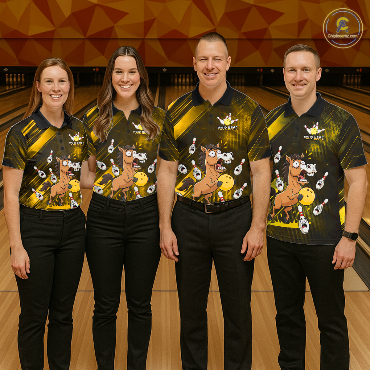 Custom Yellow Funny Horse Bowling Jersey for Men Bowling Team Shirts Bowling Tournament HNT184