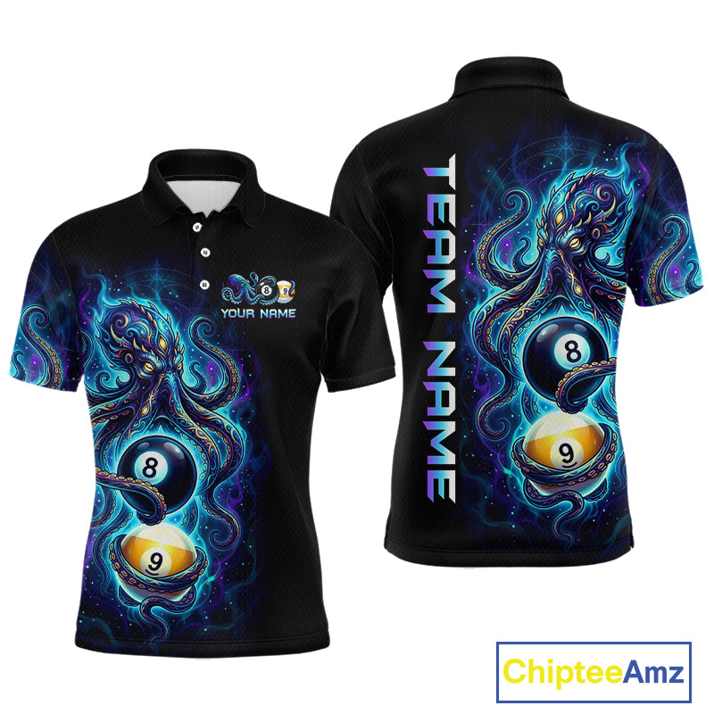 Black polo shirt with colorful design featuring numbers 8 and 9, and 'Team Name' text on a white background.