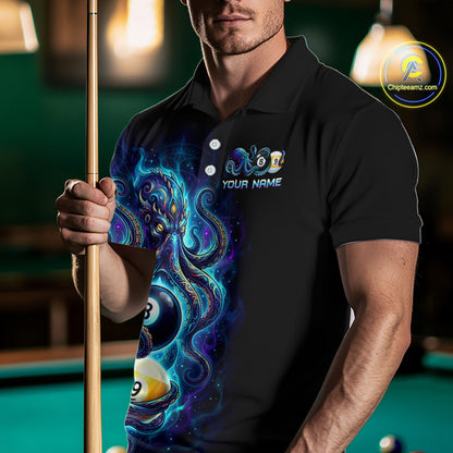 Man wearing a black polo shirt with a colorful design and text, holding a pool cue in a billiards setting.