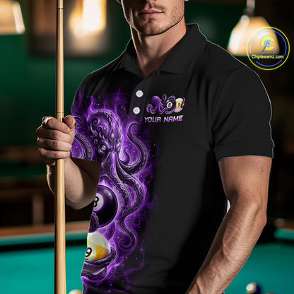 Man wearing a black polo shirt with a purple design and 'Your Name' text, holding a pool cue on a billiards table.
