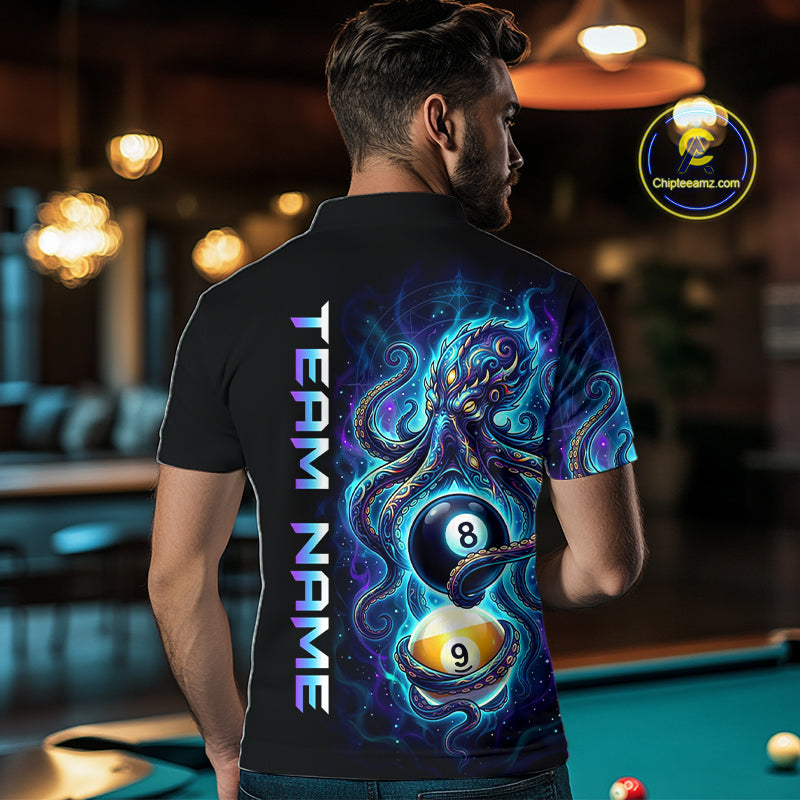 Man wearing a black t-shirt with a colorful design and 'Team Name' text, standing in a pool hall.