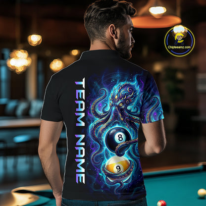 Man wearing a black t-shirt with a colorful design and 'Team Name' text, standing in a pool hall.