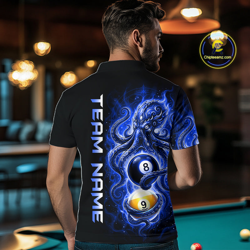 Man wearing a black t-shirt with a blue graphic design and 'Team Name' text, standing in a pool hall.