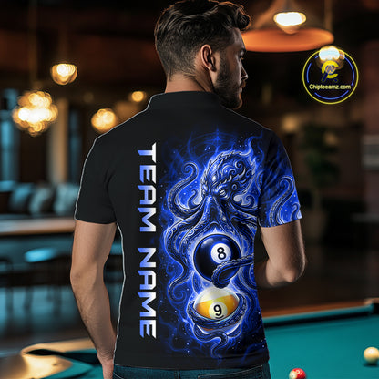 Man wearing a black t-shirt with a blue graphic design and 'Team Name' text, standing in a pool hall.