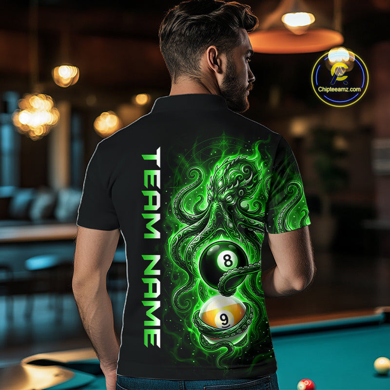 Man wearing a black t-shirt with green graphic design and 'Team Name' text, in a pool hall setting.