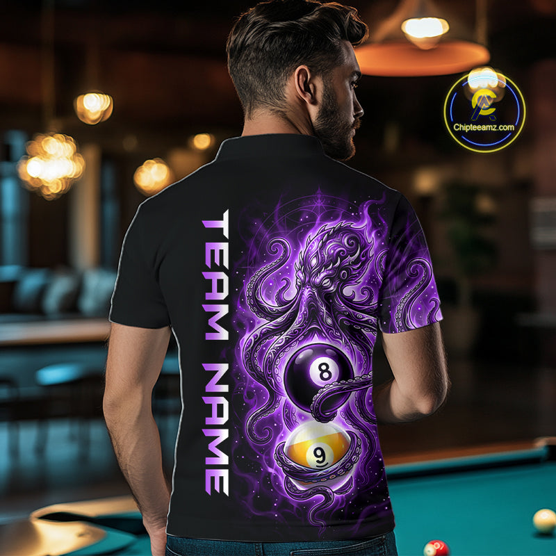 Man wearing a black t-shirt with a purple and white design and 'Team Name' text, in an indoor setting.
