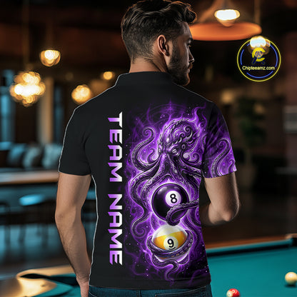 Man wearing a black t-shirt with a purple and white design and 'Team Name' text, in an indoor setting.