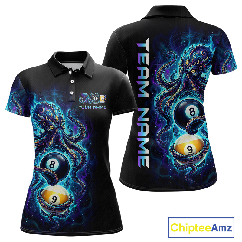 Black polo shirt with colorful design of billiard balls and octopus, featuring 'Team Name' text on the back.