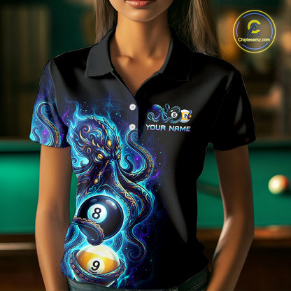 Black polo shirt with a colorful octopus design and billiard ball elements, worn by a person in a pool hall setting.