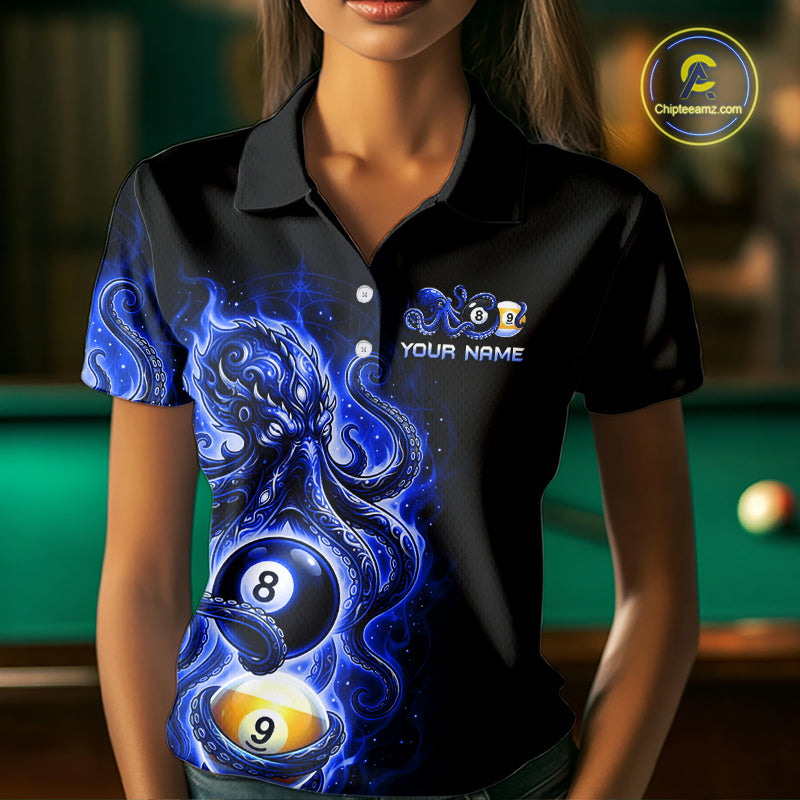 Black polo shirt with blue octopus design and pool ball elements on a blurred pool table background.