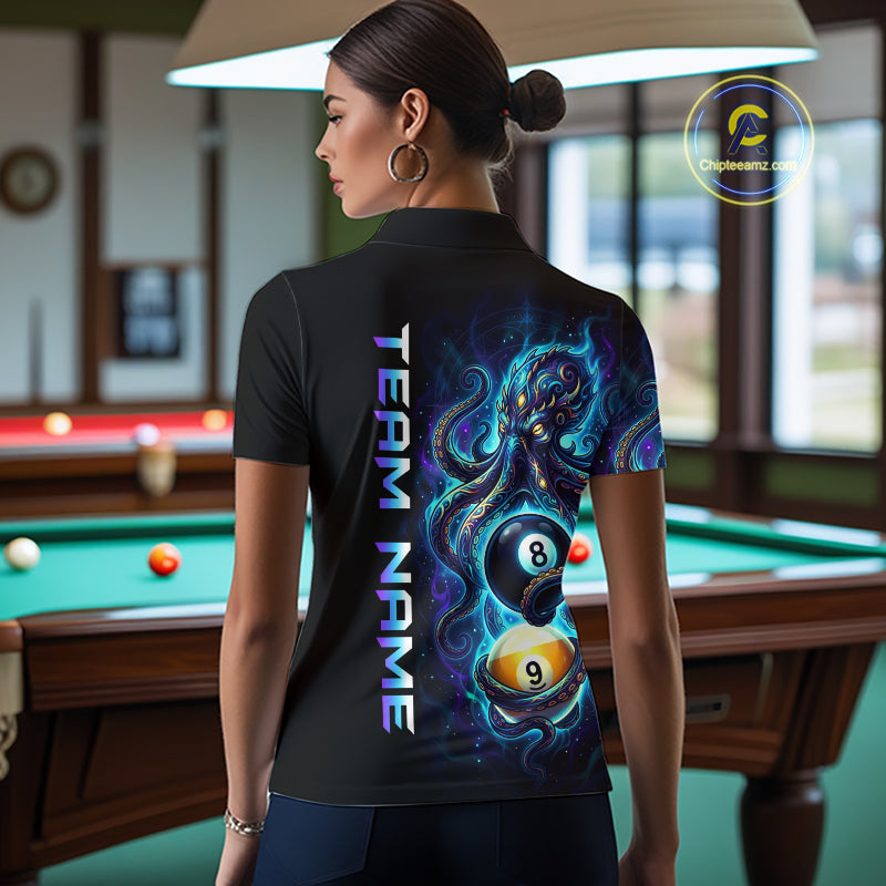 Person wearing a black t-shirt with a colorful design and 'Team Name' text in a pool hall.