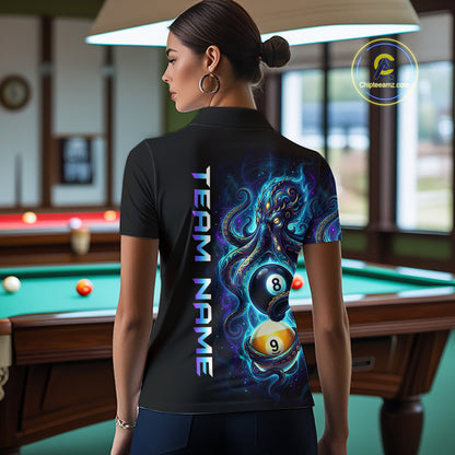 Person wearing a black t-shirt with a colorful design and 'Team Name' text in a pool hall.