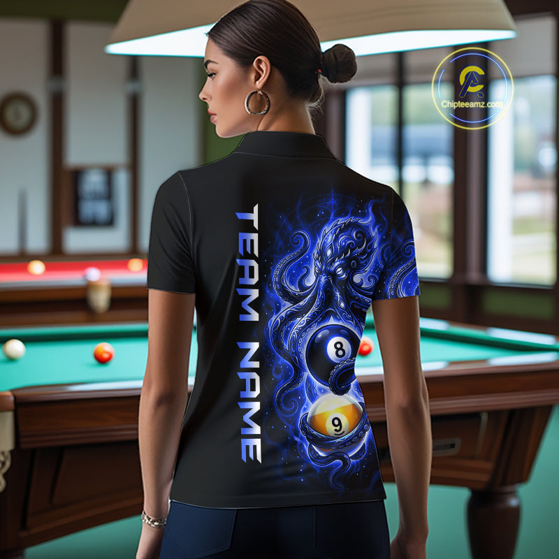 Woman wearing a black t-shirt with a blue graphic design and 'Team Name' text in a pool hall.