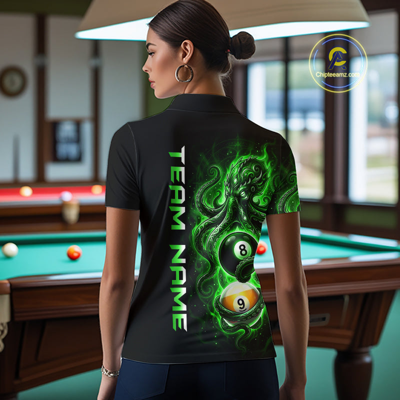 Person wearing a black t-shirt with green graphic design and 'Team Name' text in a pool hall.