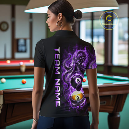 Woman wearing a black t-shirt with a purple design and 'Team Name' text in a pool hall.